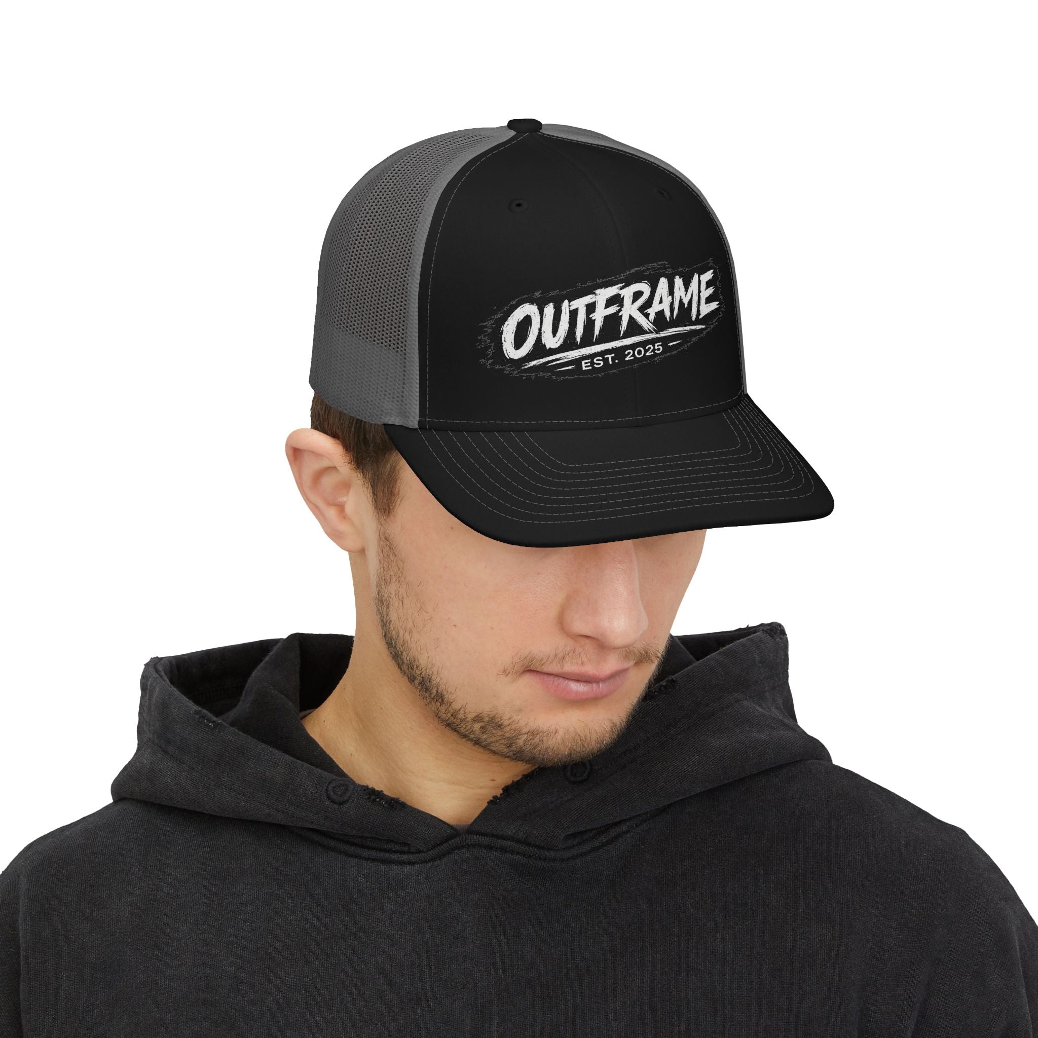 Outframe Snapback Trucker Cap — Retro Brush Logo Hat (EST. 2025)