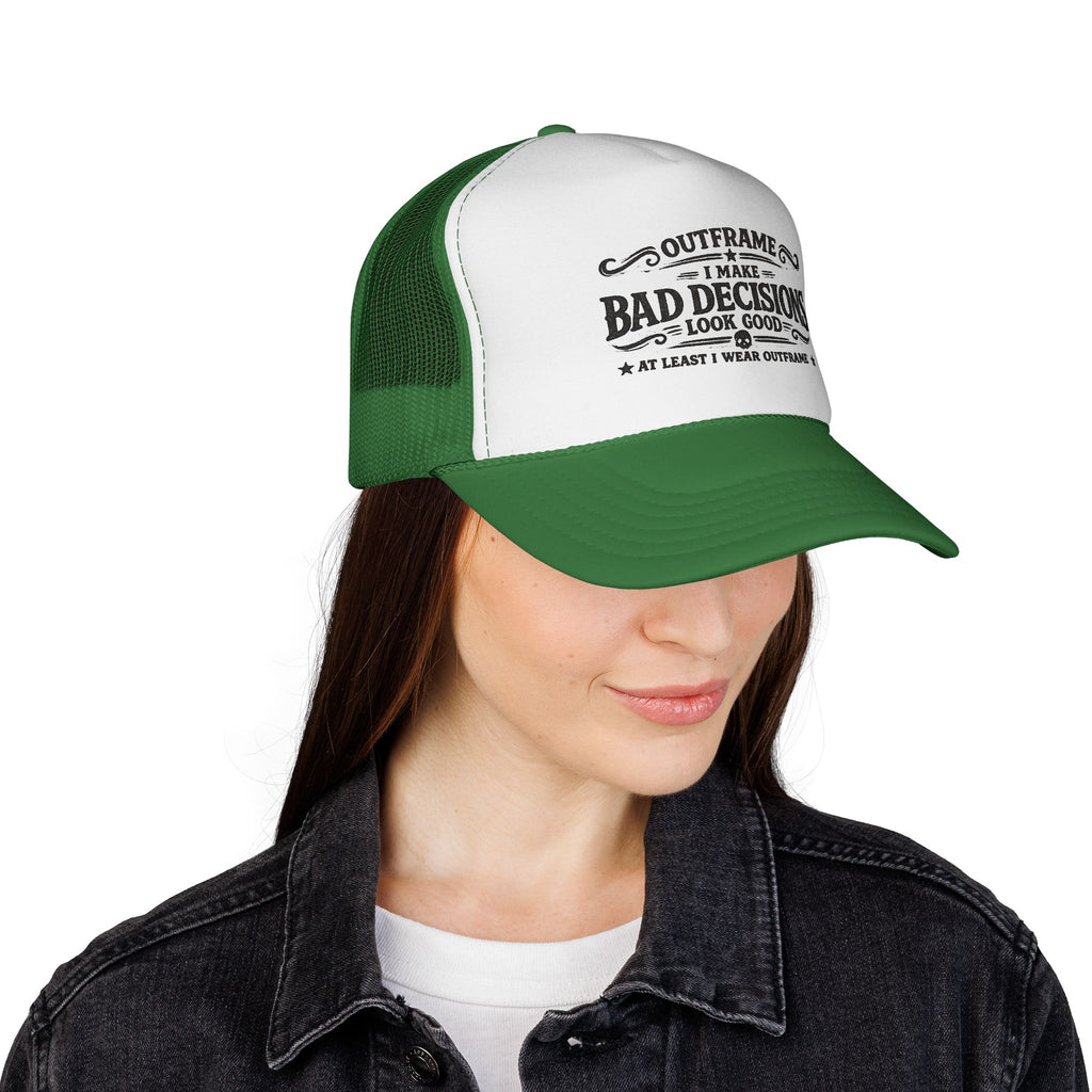 Trucker Cap — "I Make Bad Decisions Look Good" Vintage Humor Mesh Hat