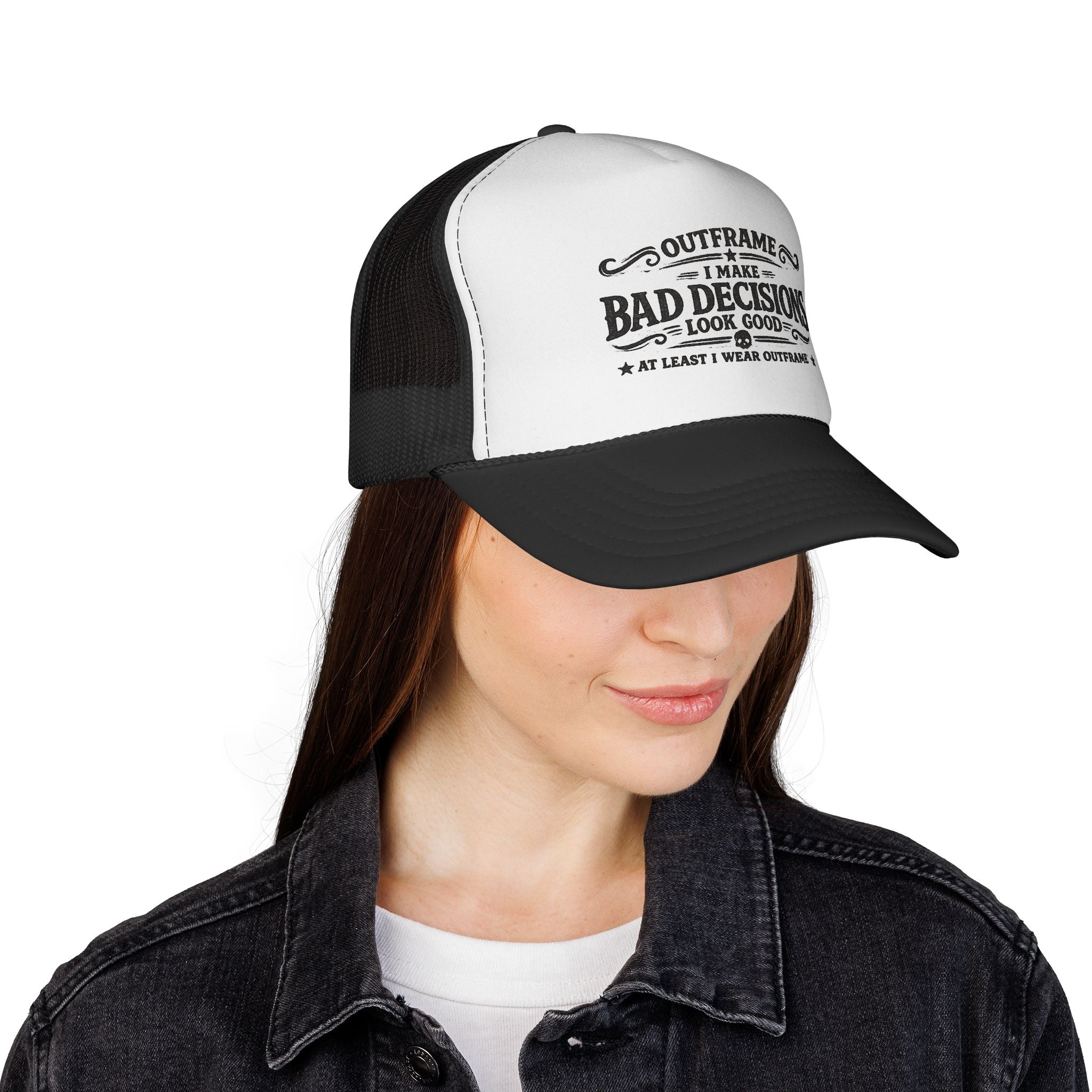 Trucker Cap — "I Make Bad Decisions Look Good" Vintage Humor Mesh Hat