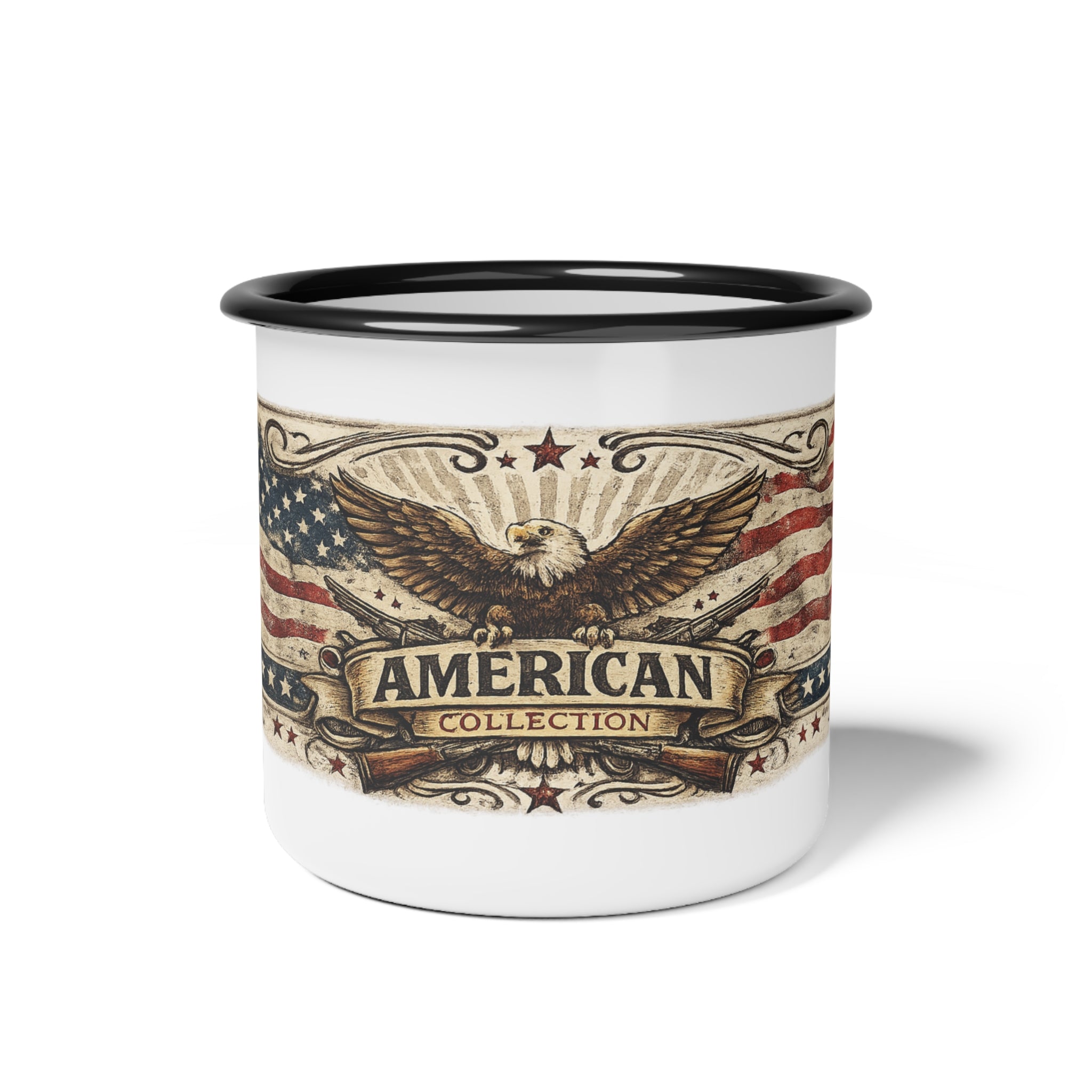 Enamel Camp Cup — American Eagle Vintage Flag Design