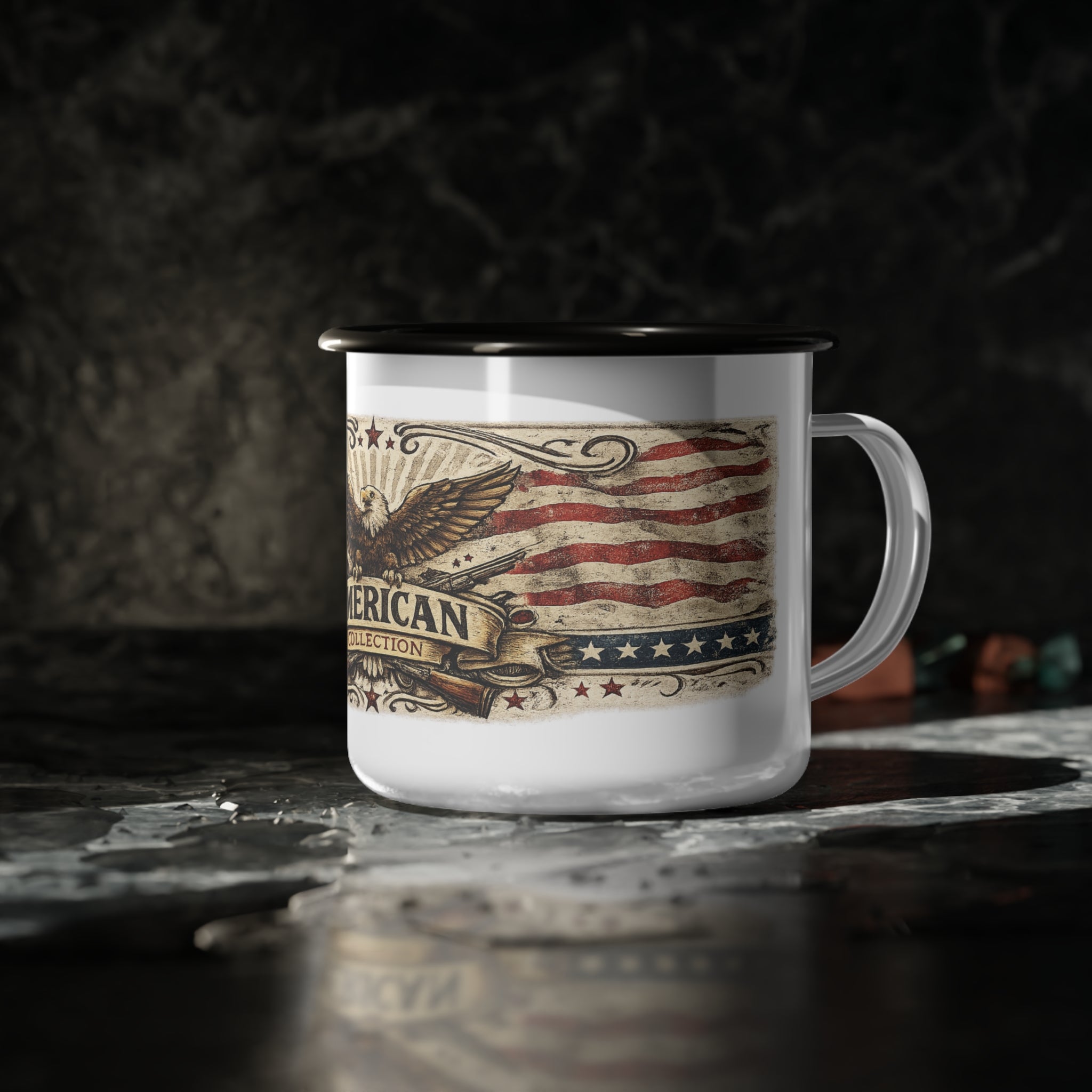 Enamel Camp Cup — American Eagle Vintage Flag Design