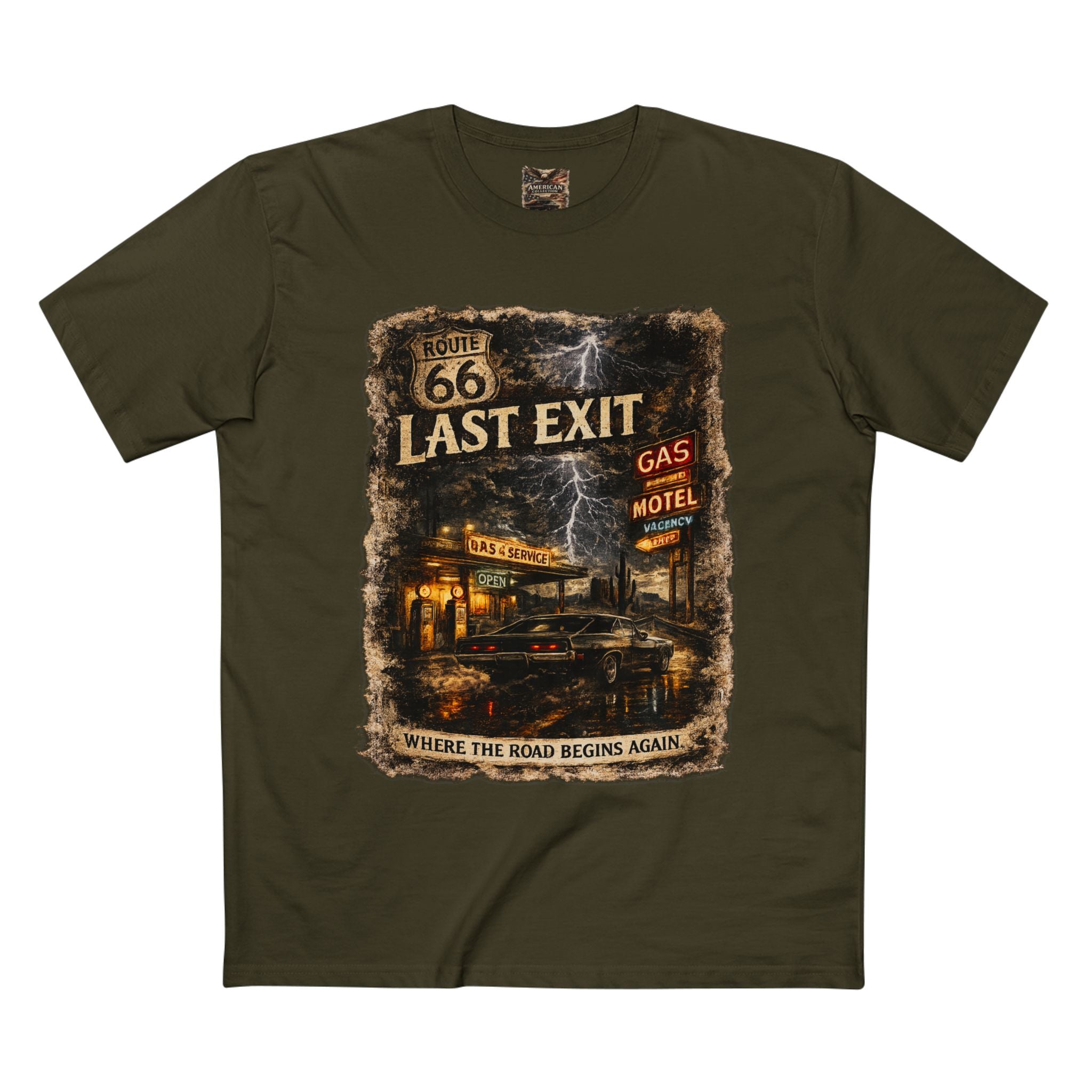Last Exit – Vintage Route 66 Muscle Car Graphic T-Shirt