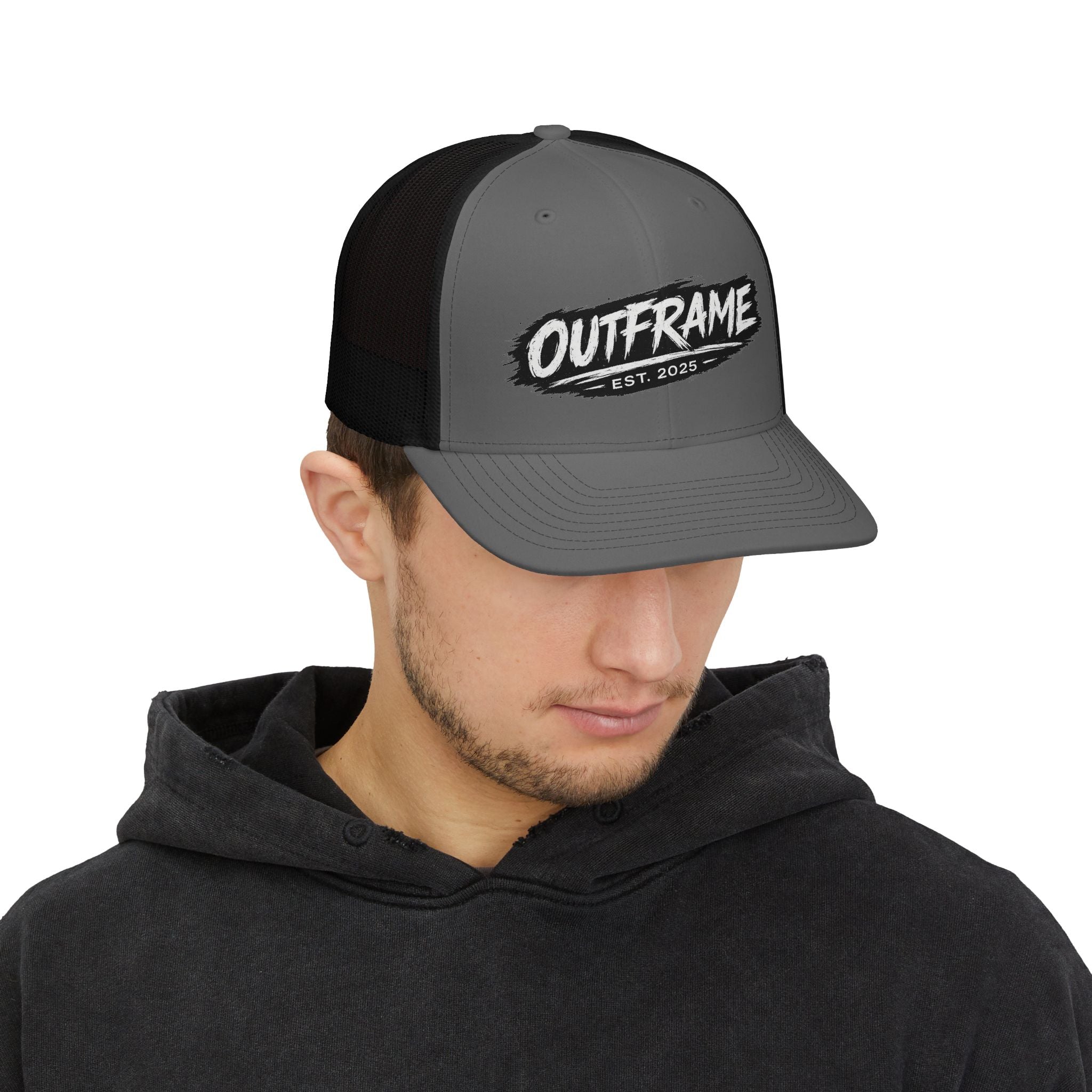 Outframe Snapback Trucker Cap — Retro Brush Logo Hat (EST. 2025)