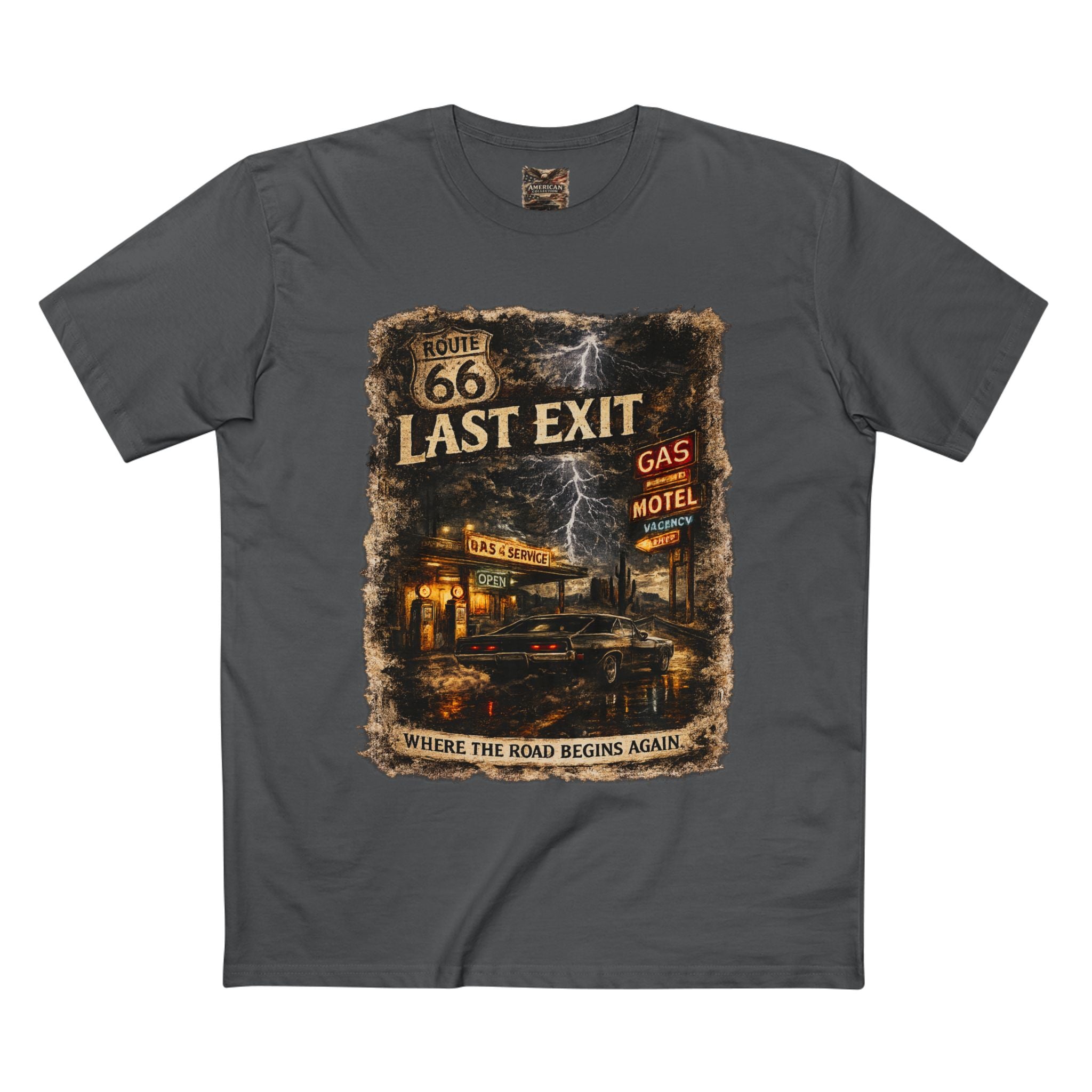Last Exit – Vintage Route 66 Muscle Car Graphic T-Shirt