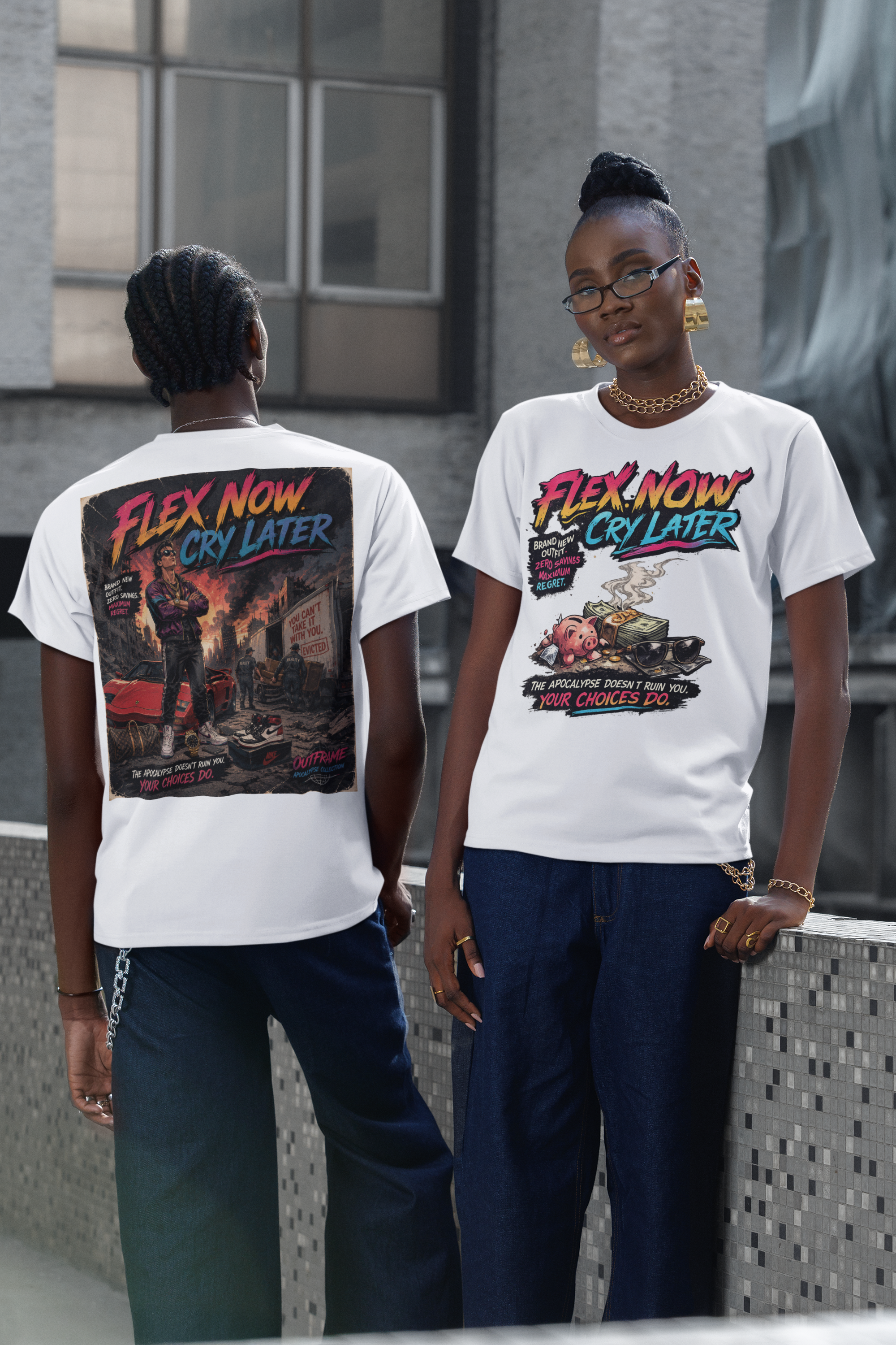 OUTFRAME™ FLEX NOW. CRY LATER. | Retro Apocalypse Graphic T-Shirt | Vintage