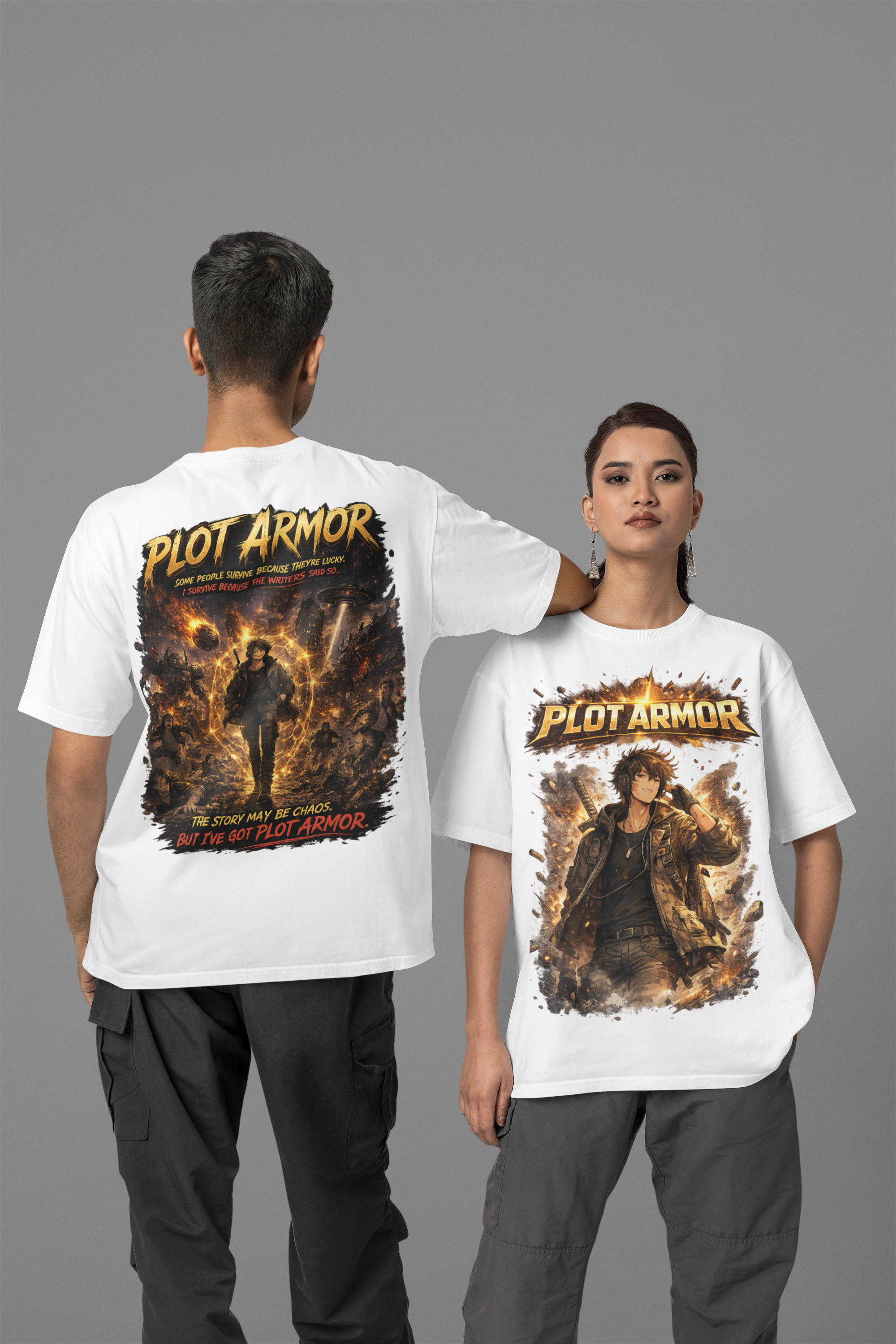 Plot Armor T-Shirt — Retro Anime Fire Graphic Tee