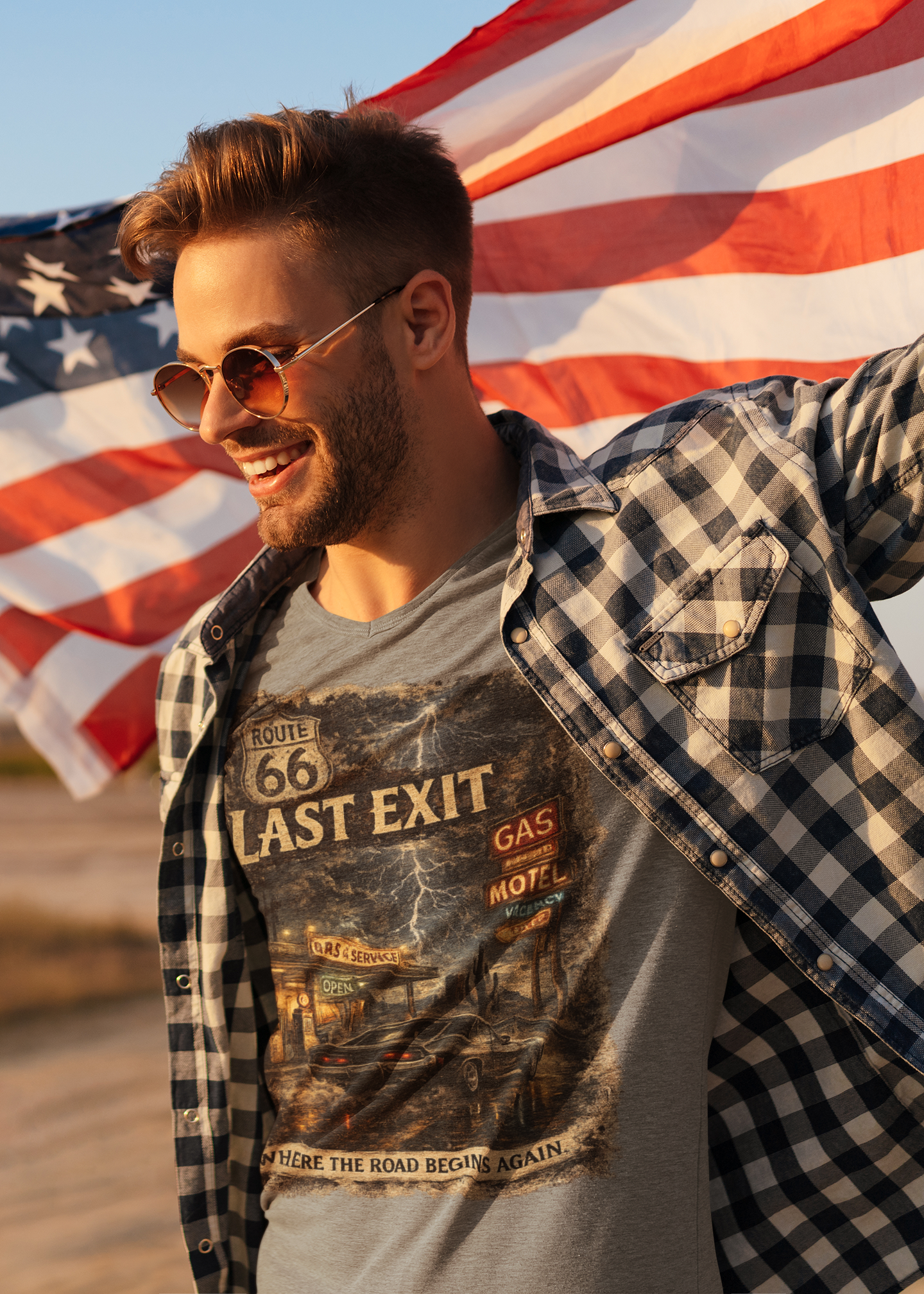 Last Exit – Vintage Route 66 Muscle Car Graphic T-Shirt