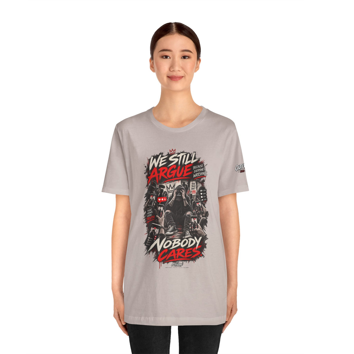 We Still Argue, Nobody Cares Tee — Dark Comic Graphic T-Shirt