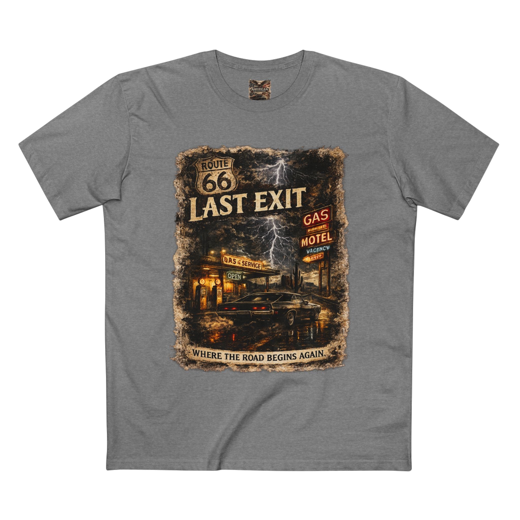 Last Exit – Vintage Route 66 Muscle Car Graphic T-Shirt