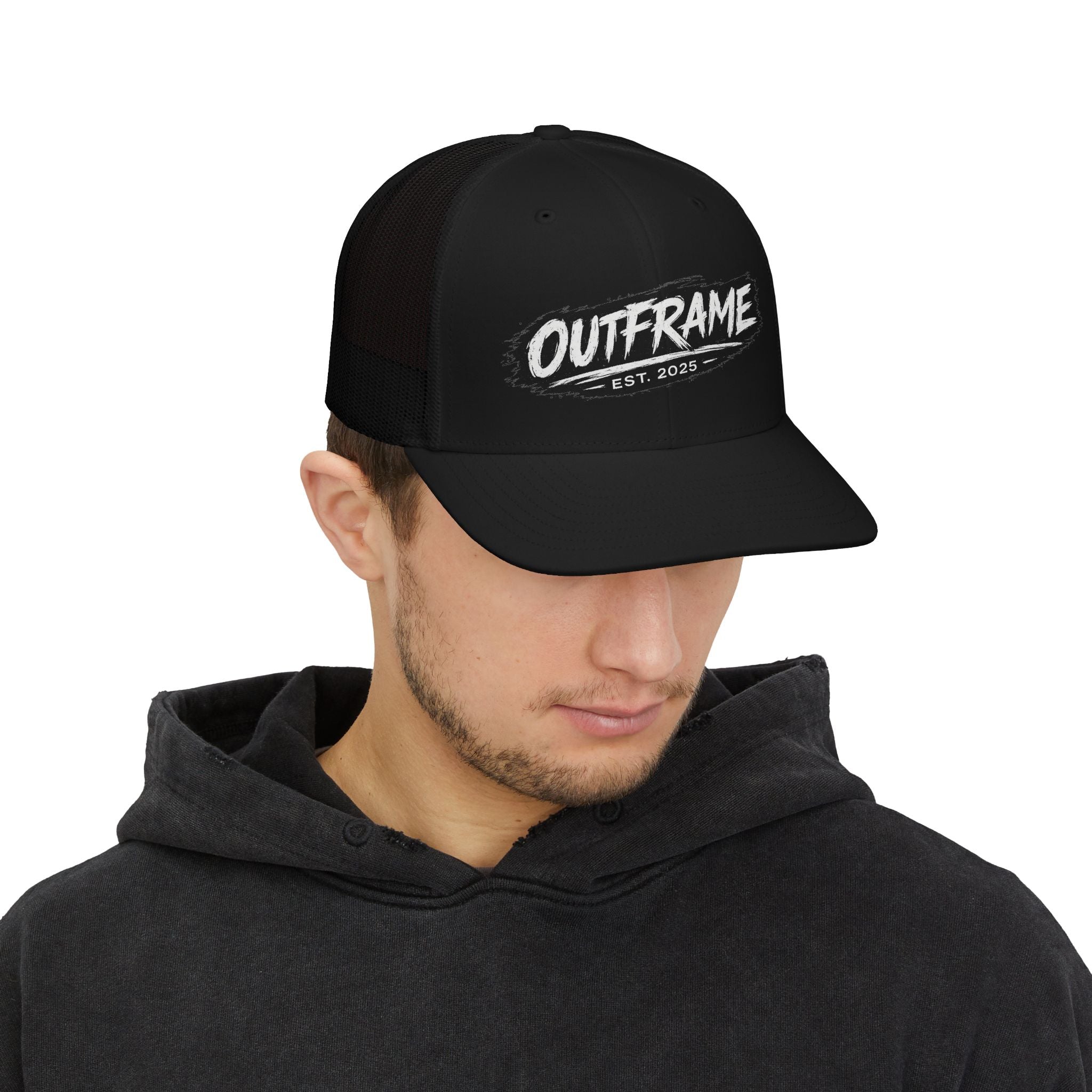 Outframe Snapback Trucker Cap — Retro Brush Logo Hat (EST. 2025)