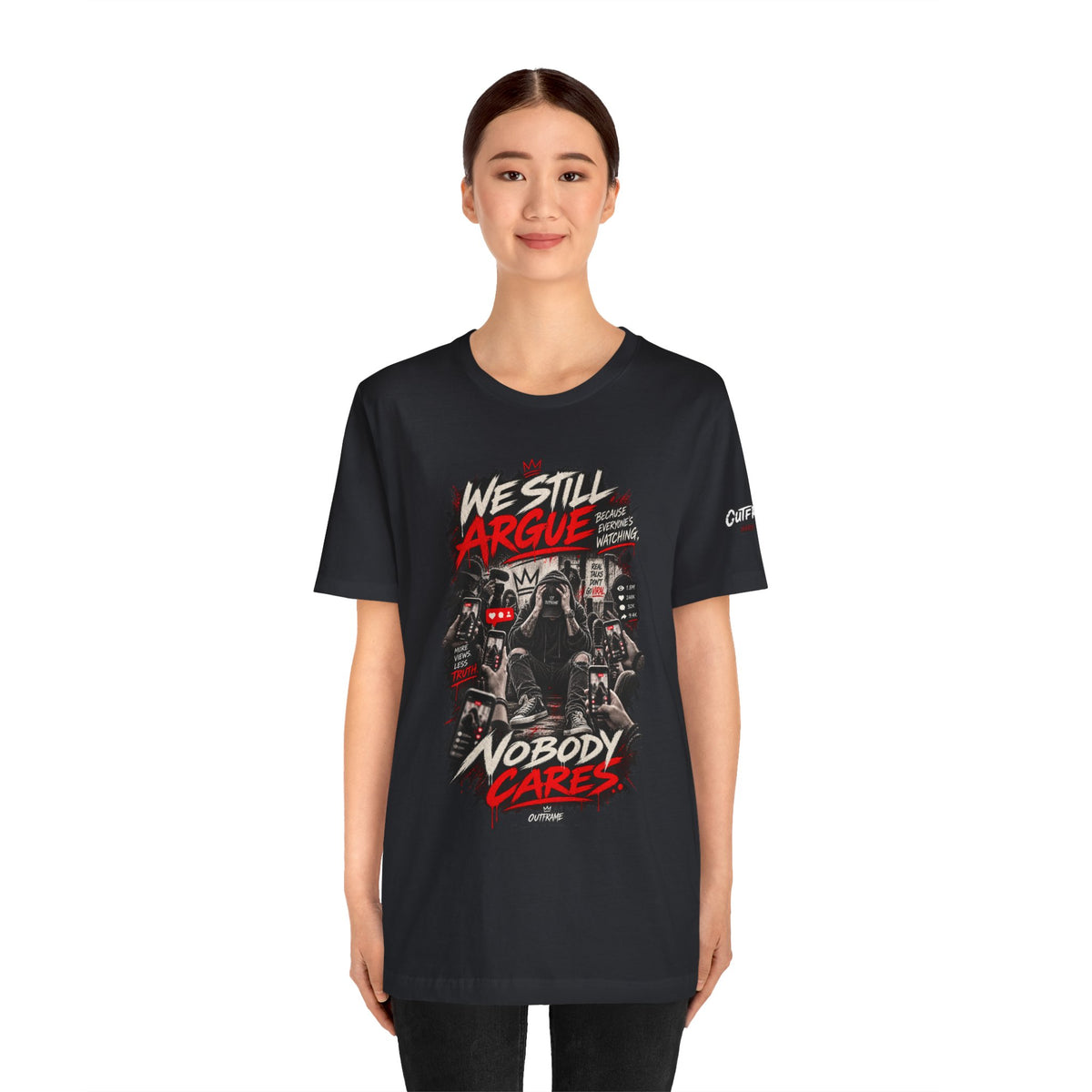 We Still Argue, Nobody Cares Tee — Dark Comic Graphic T-Shirt