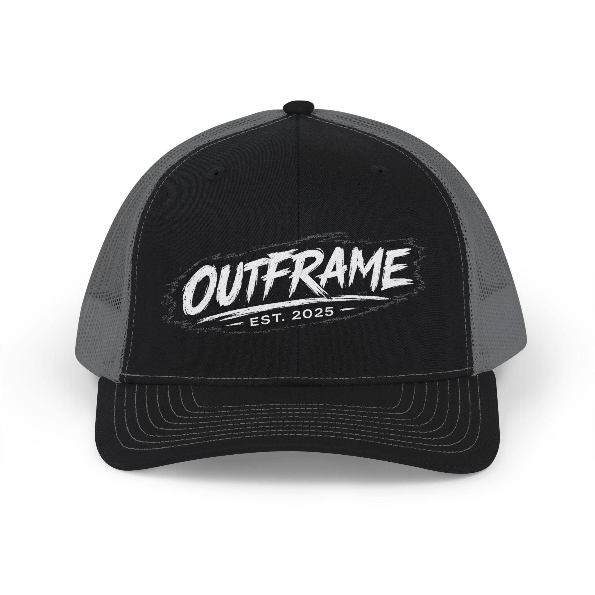 Outframe Snapback Trucker Cap — Retro Brush Logo Hat (EST. 2025)