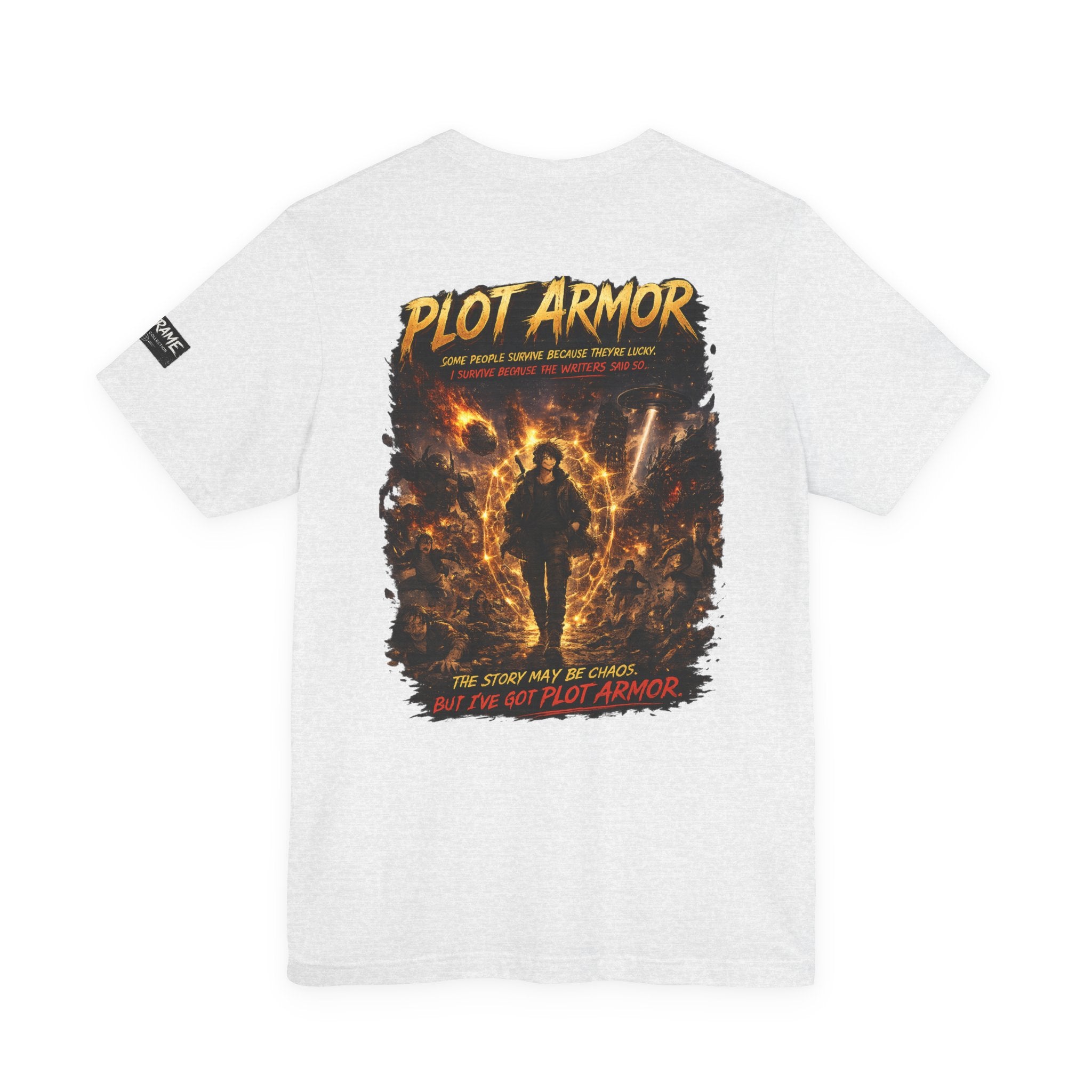 Plot Armor T-Shirt — Retro Anime Fire Graphic Tee