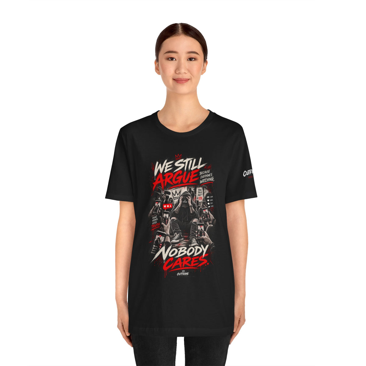 We Still Argue, Nobody Cares Tee — Dark Comic Graphic T-Shirt