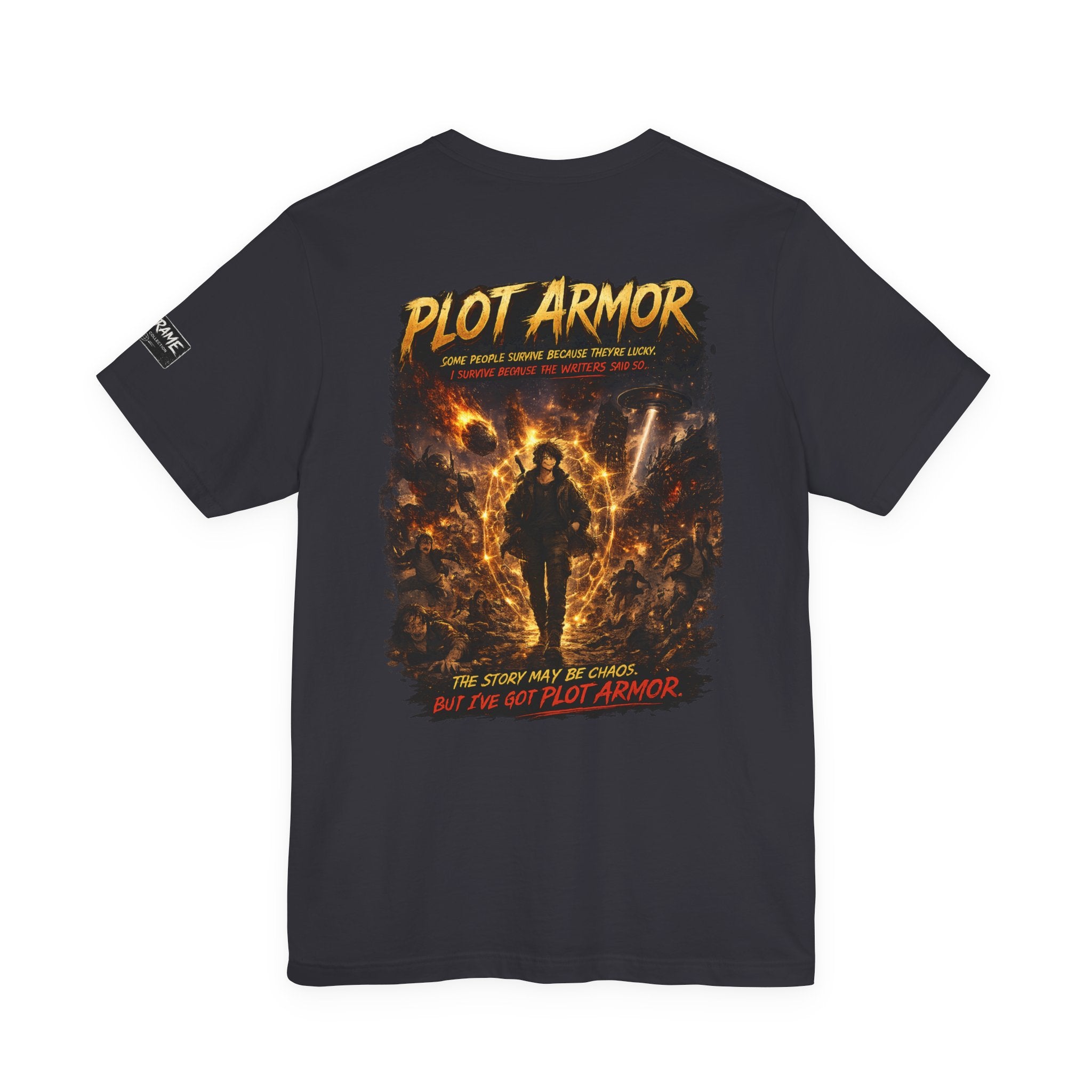 Plot Armor T-Shirt — Retro Anime Fire Graphic Tee