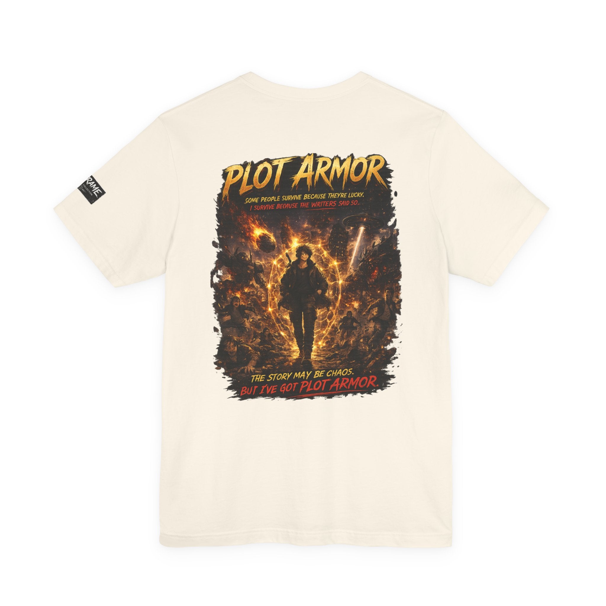 Plot Armor T-Shirt — Retro Anime Fire Graphic Tee