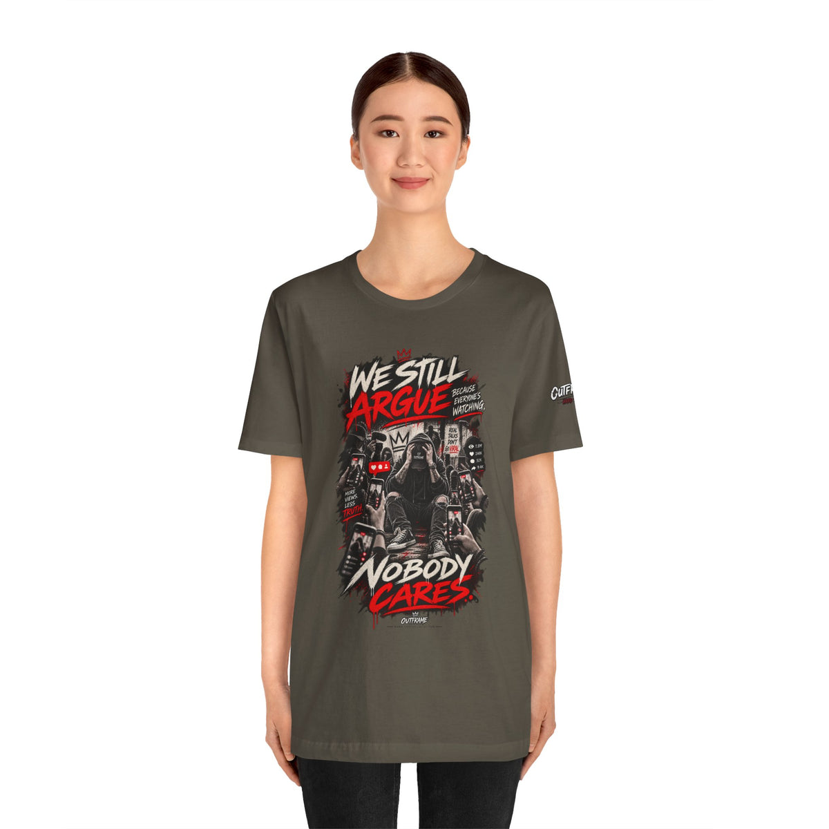 We Still Argue, Nobody Cares Tee — Dark Comic Graphic T-Shirt
