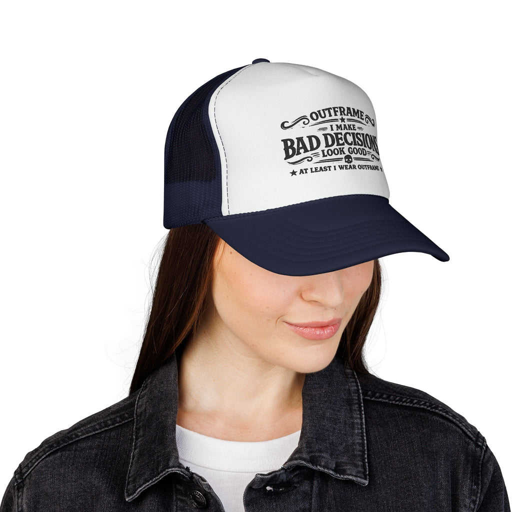 Trucker Cap — "I Make Bad Decisions Look Good" Vintage Humor Mesh Hat