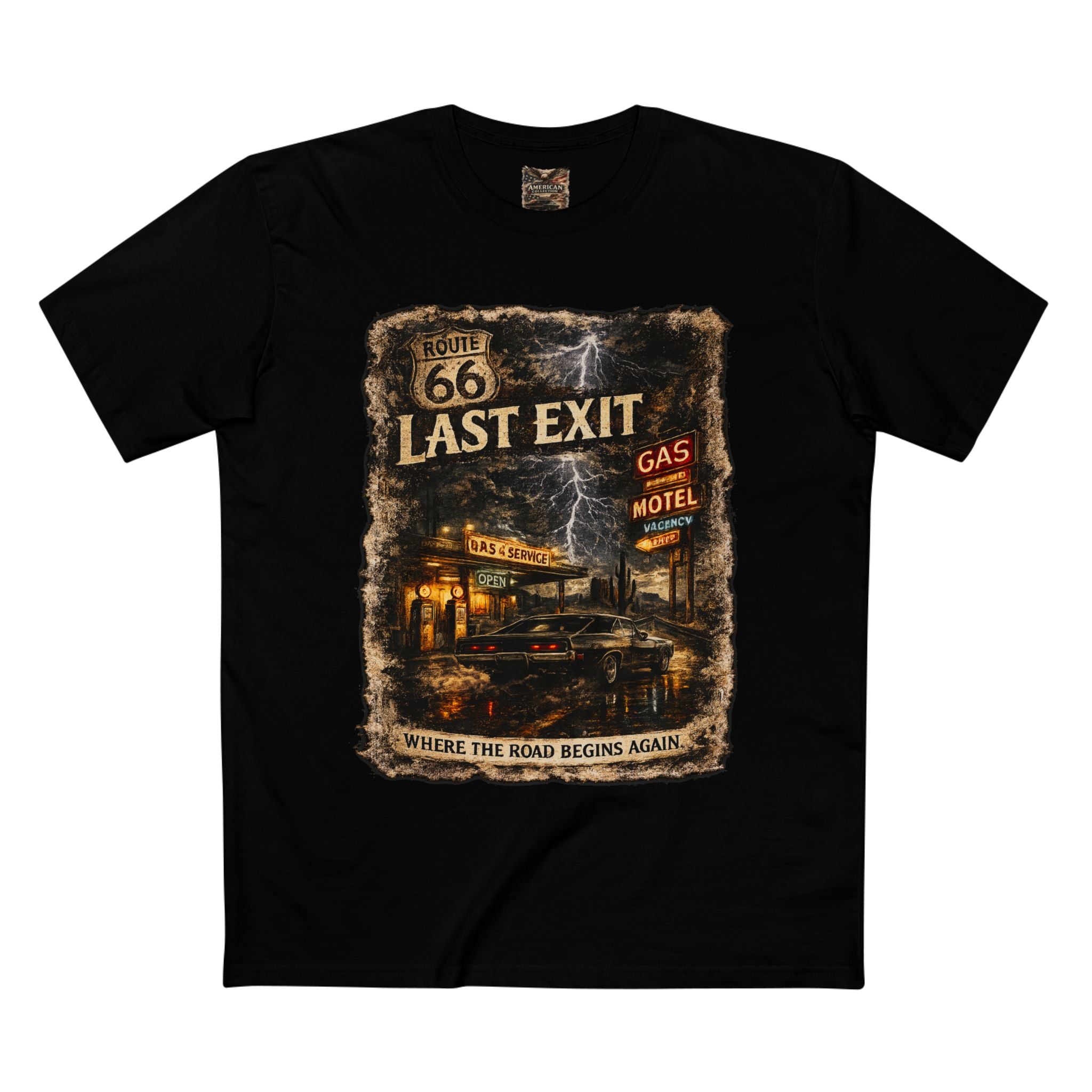 Last Exit – Vintage Route 66 Muscle Car Graphic T-Shirt